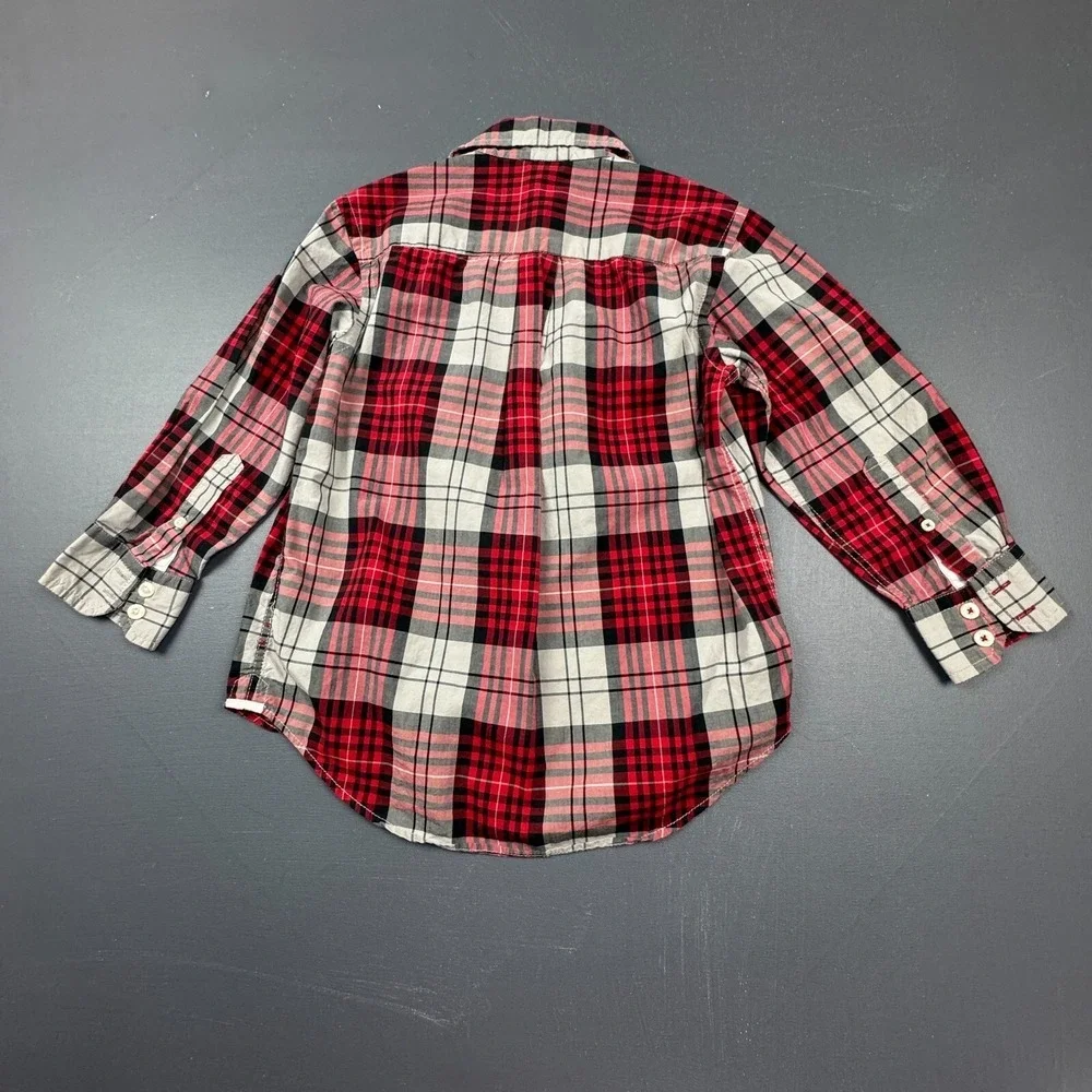 Gap Boys 4/5 Red Grey Plaid Button Up Long Sleeve Cotton Casual Shirt Classic